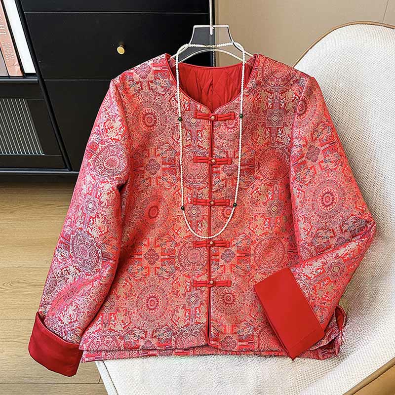 Chaqueta de algodón de manga larga con estampado floral simétrico de jacquard y bolsillos para mujer de Buddha Stones - Rojo - US8-10，UK/AU12-14，EU40-42 (2XL) - image 0