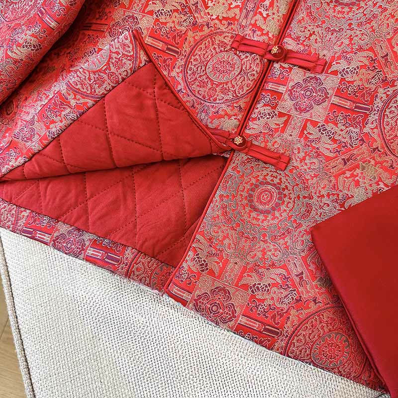 Chaqueta de algodón de manga larga con estampado floral simétrico de jacquard y bolsillos para mujer de Buddha Stones - image 11