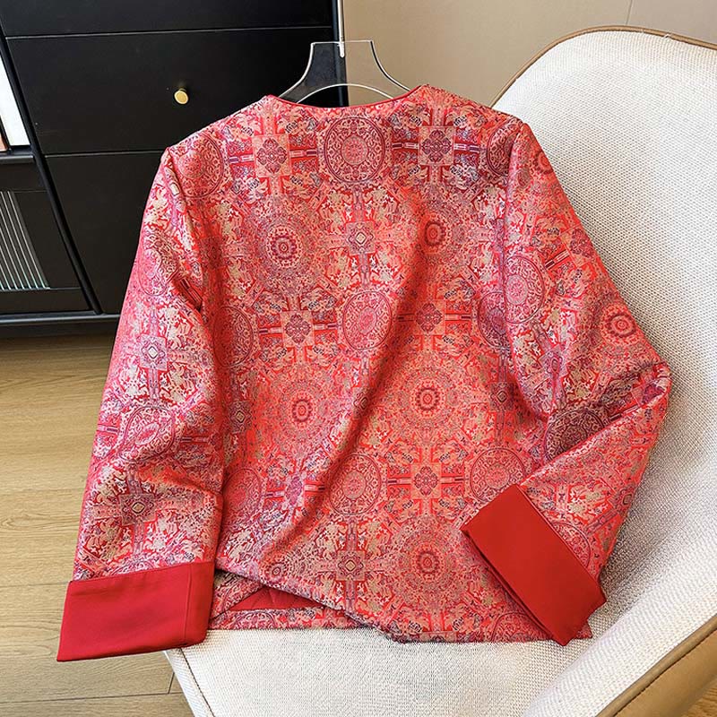 Chaqueta de algodón de manga larga con estampado floral simétrico de jacquard y bolsillos para mujer de Buddha Stones - image 2