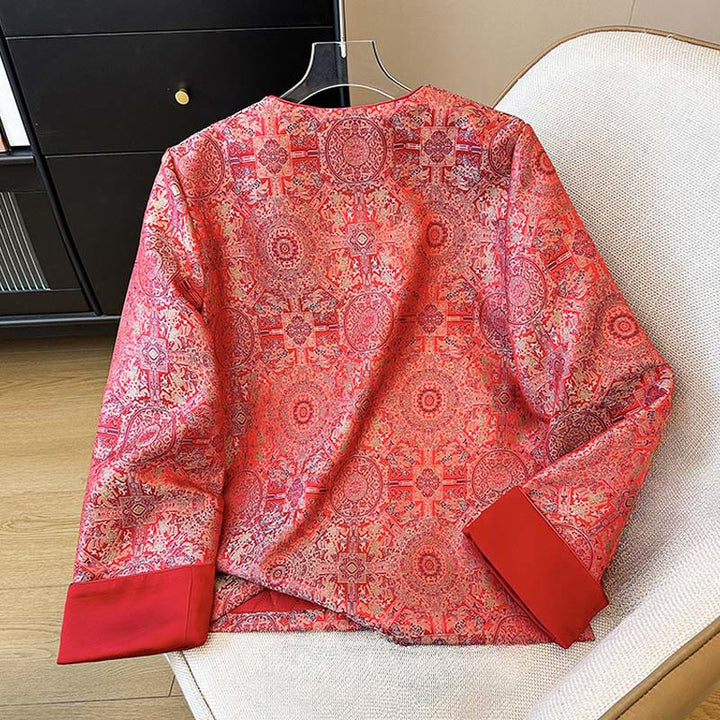 Chaqueta de algodón de manga larga con estampado floral simétrico de jacquard y bolsillos para mujer de Buddha Stones - image 2