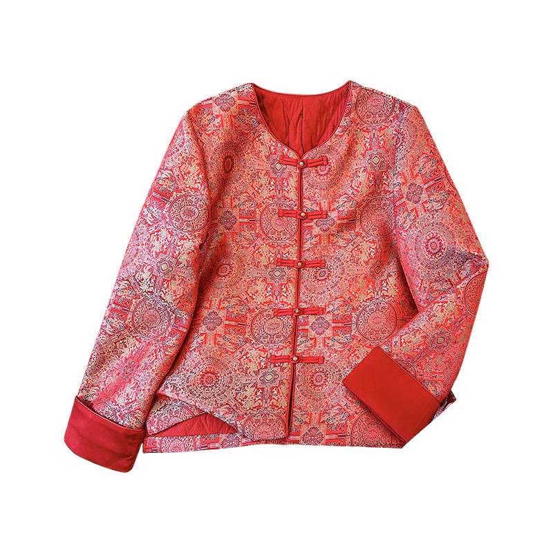 Chaqueta de algodón de manga larga con estampado floral simétrico de jacquard y bolsillos para mujer de Buddha Stones - image 13
