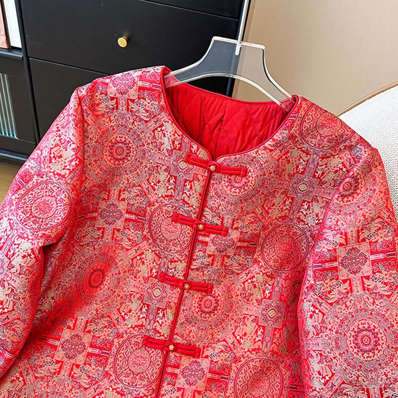 Chaqueta de manga larga con estampado floral simétrico de jacquard y bolsillos para mujer de Buddha Stones - image 3