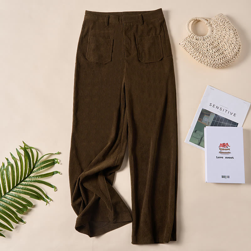 Pantalones anchos de pana y poliéster con botones y bolsillos para mujer de Buddha Stones - Marrón silla de montar - US14，UK/AU18，EU46 (2XL) - image 0