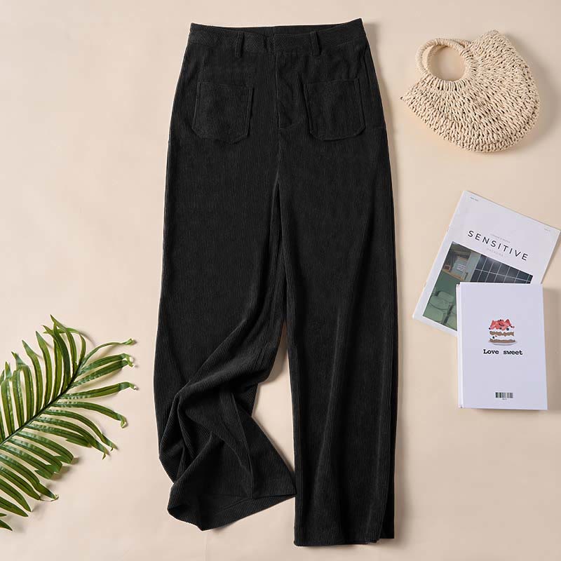 Pantalones anchos de pana y poliéster con botones y bolsillos para mujer de Buddha Stones - Negro - US14，UK/AU18，EU46 (2XL) - image 21