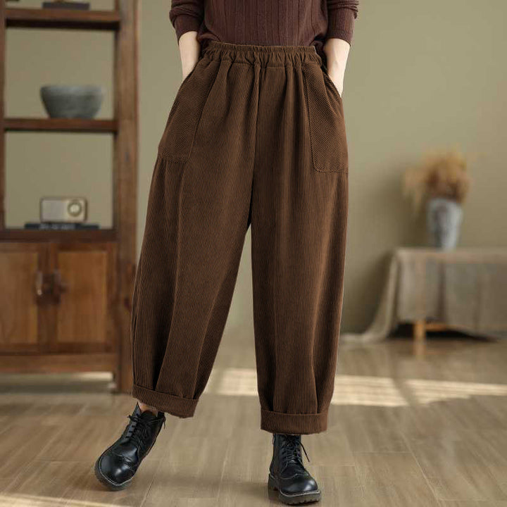 Pantalones harén de pana para mujer, de diseño sencillo, hasta los tobillos, de color liso y con bolsillos , de Buddha Stones, para invierno - SaddleBrown - US8-10，UK/AU12-14，EU40-42 (2XL) - image 6