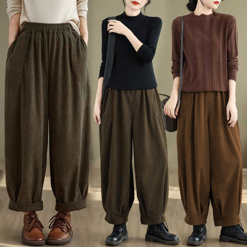 Pantalones harén de pana para mujer, de diseño sencillo, hasta los tobillos, de color liso y con bolsillos , de Buddha Stones, para invierno - image 24