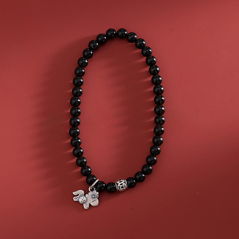 Pulsera de obsidiana negra natural de plata de ley 925 con Buddha Stones y año del caballo - image 1