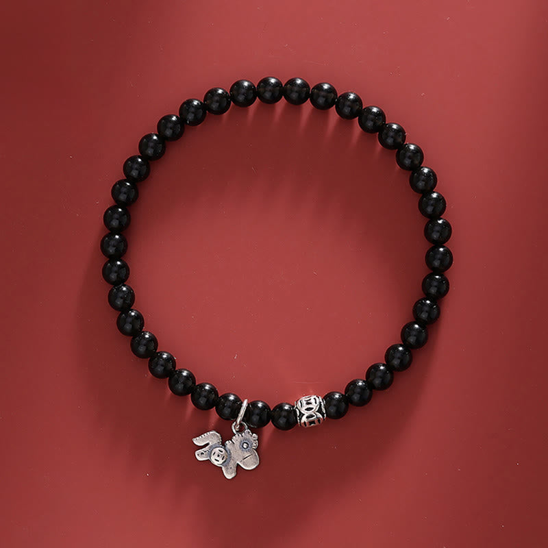 Pulsera de obsidiana negra natural de plata de ley 925 con Buddha Stones y año del caballo - Caballo, plata de ley 925 y obsidiana negra (circunferencia de la muñeca: 16-17 cm) - image 0