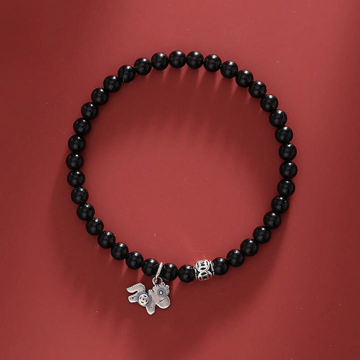 Pulsera de obsidiana negra natural de plata de ley 925 con Buddha Stones y año del caballo - Caballo, plata de ley 925 y obsidiana negra (circunferencia de la muñeca: 16-17 cm) - image 0