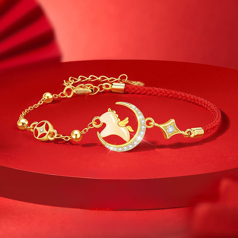 Pulsera de cuerda roja con circón y Buddha Stones, jade hetiano, año del caballo, plata de ley 925 - Caballo y plata de ley 925 con hilo rojo (circunferencia de muñeca: 14-18 cm) - image 0