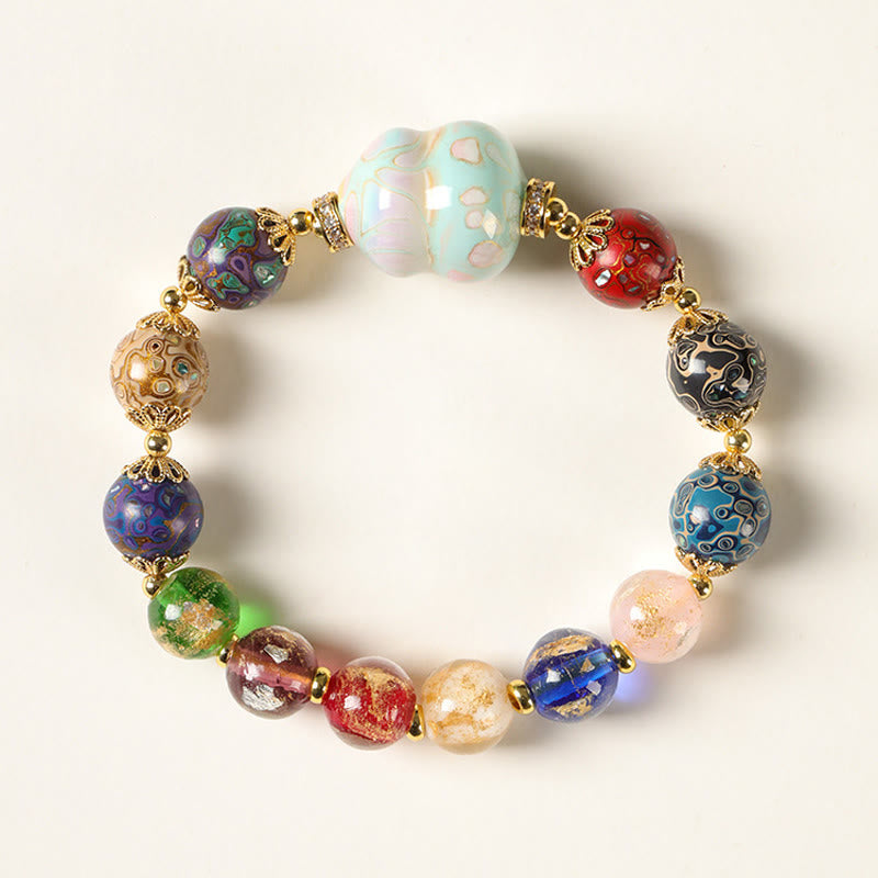 Pulsera artesanal lacada con cuentas de calabaza, sándalo, vidrio y Buddha Stones de colores de Liuli. - 10 mm - image 8