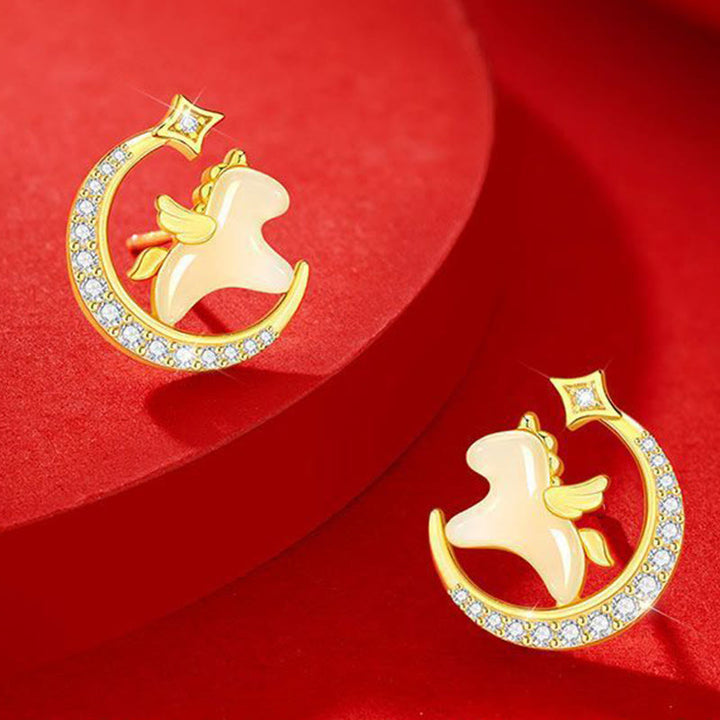 Pendientes de plata de ley 925 con circonitas lunares y jade hetiano del Año del Caballo con Buddha Stones - image 2