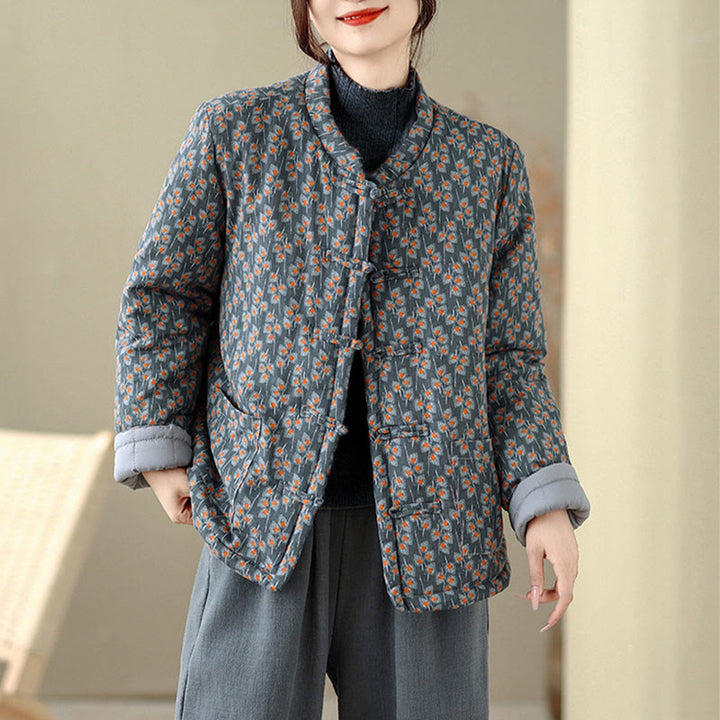 Chaqueta de algodón grueso de manga larga con botones florales de rana de invierno para mujer con bolsillos de Buddha Stones - image 3