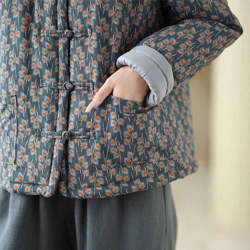 Chaqueta de algodón grueso de manga larga con botones florales de rana de invierno para mujer con bolsillos de Buddha Stones - image 8