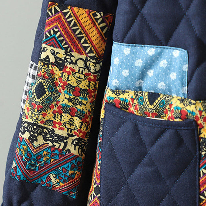 Chaqueta de algodón grueso de manga larga con bolsillos y diseño étnico de Buddha Stones con botones de rana para mujer - image 10