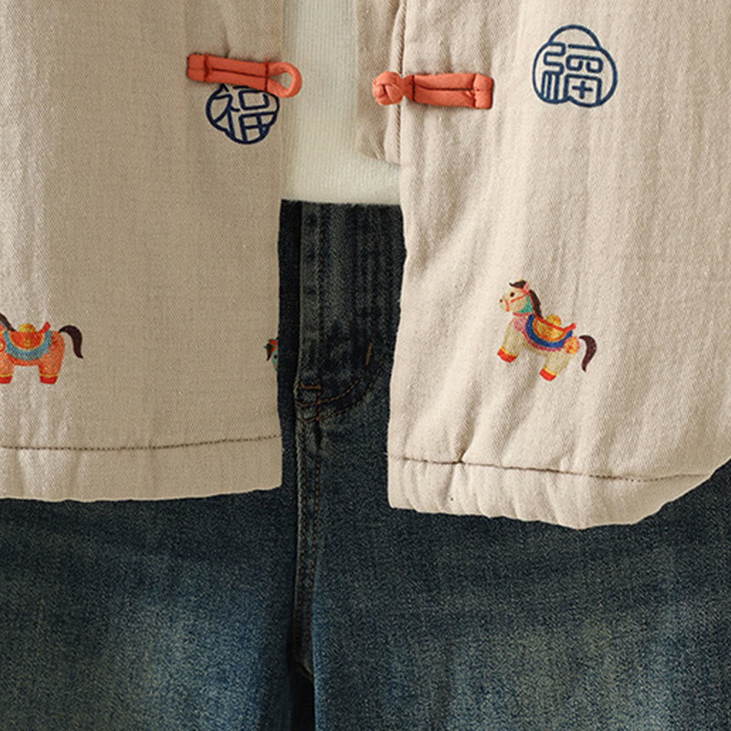 Chaqueta gruesa de algodón de manga larga para mujer con diseño de rana y botones con estampado de Buddha Stones y caballo Fu - image 18