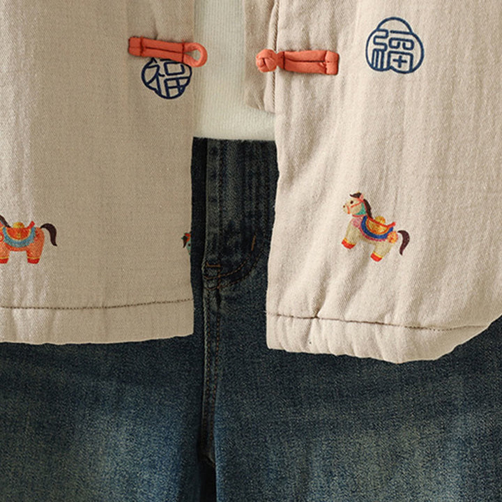 Chaqueta gruesa de algodón de manga larga para mujer con diseño de rana y botones con estampado de Buddha Stones y caballo Fu - image 18