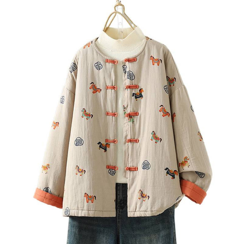 Chaqueta gruesa de algodón de manga larga para mujer con diseño de rana y botones con estampado de Buddha Stones y caballo Fu - image 19