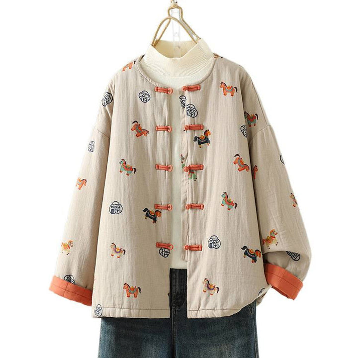 Chaqueta gruesa de algodón de manga larga para mujer con diseño de rana y botones con estampado de Buddha Stones y caballo Fu - image 19