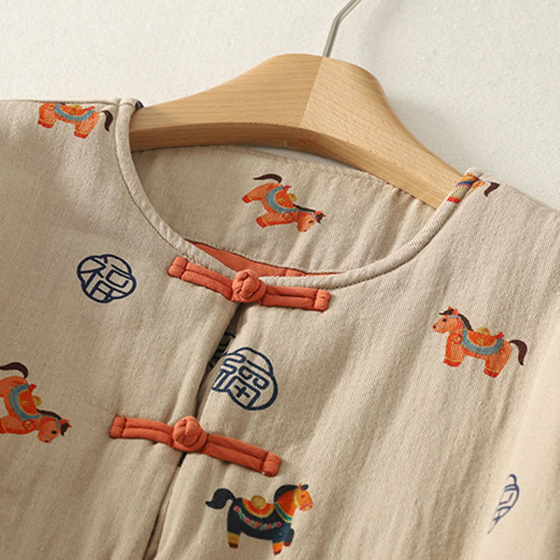 Chaqueta gruesa de algodón de manga larga para mujer con diseño de rana y botones con estampado de Buddha Stones y caballo Fu - image 7