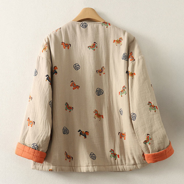 Chaqueta gruesa de algodón de manga larga para mujer con diseño de rana y botones con estampado de Buddha Stones y caballo Fu - image 3