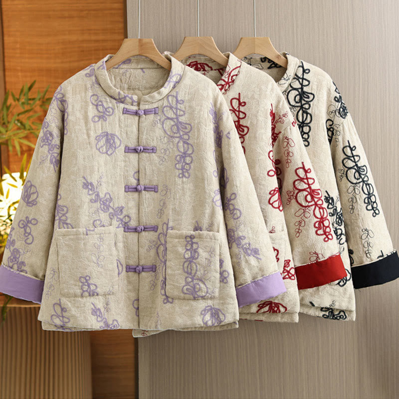 Chaqueta de invierno Buddha Stones para mujer, de manga larga, cuello alto, botones de rana, acolchada de algodón y bolsillos - image 26