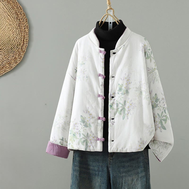 Chaqueta de algodón con estampado floral y botones de rana de manga larga para mujer de Buddha Stones - Nieve - US12, UK/AU16, EU44 (2XL) - image 0