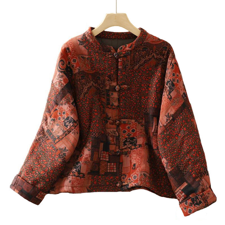 Chaqueta térmica de algodón con botones de rana y manga larga con estampado floral étnico para mujer de Buddha Stones - image 12