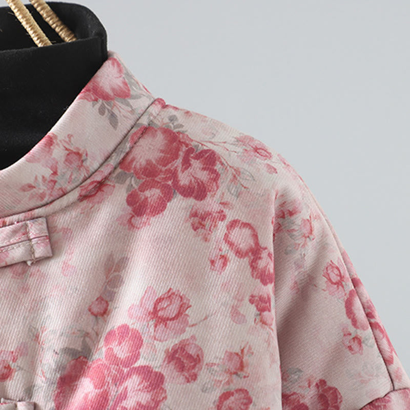 Chaqueta de algodón de manga larga con botones de rana y estampado floral rosa claro para mujer de Buddha Stones - image 4