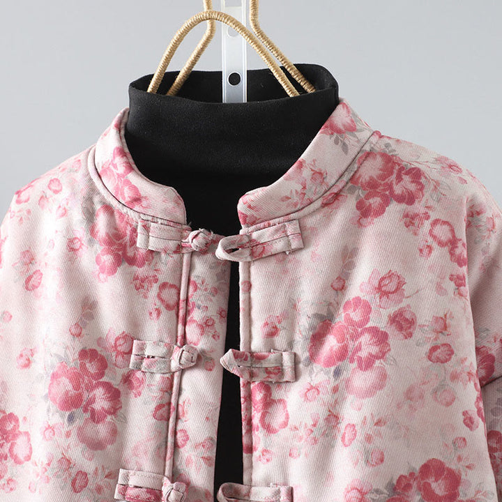 Chaqueta de algodón de manga larga con botones de rana y estampado floral rosa claro para mujer de Buddha Stones - image 2