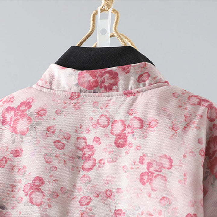 Chaqueta de algodón de manga larga con botones de rana y estampado floral rosa claro para mujer de Buddha Stones - image 3