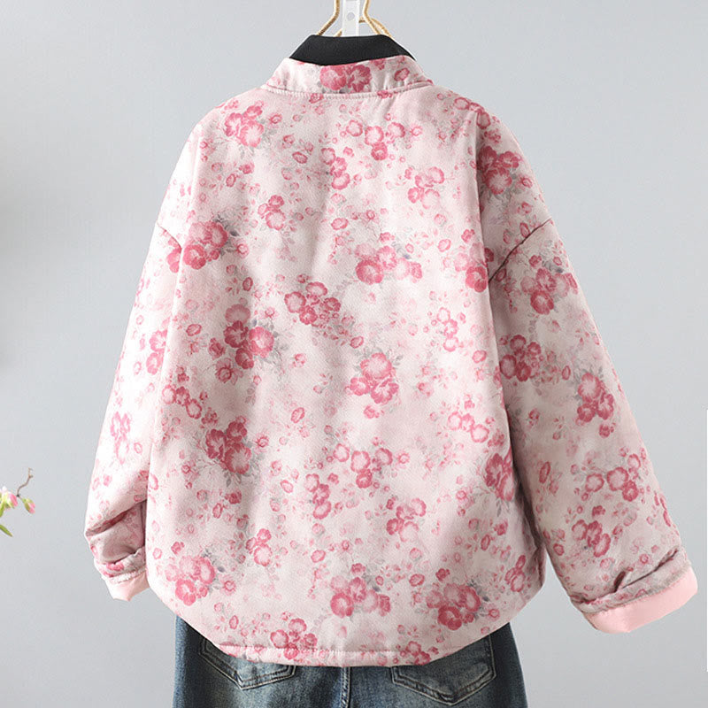 Chaqueta de algodón de manga larga con botones de rana y estampado floral rosa claro para mujer de Buddha Stones - image 1