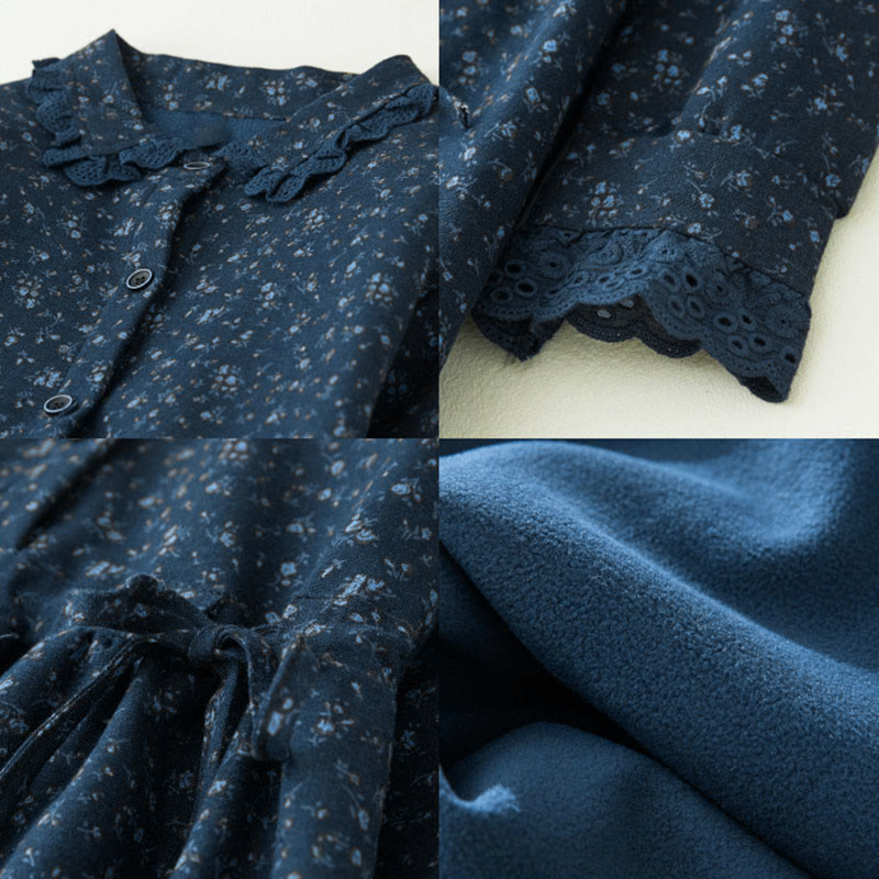 Vestido midi de pana de manga larga con bolsillos y diseño de patchwork de encaje y estampado floral de Buddha Stones - image 11