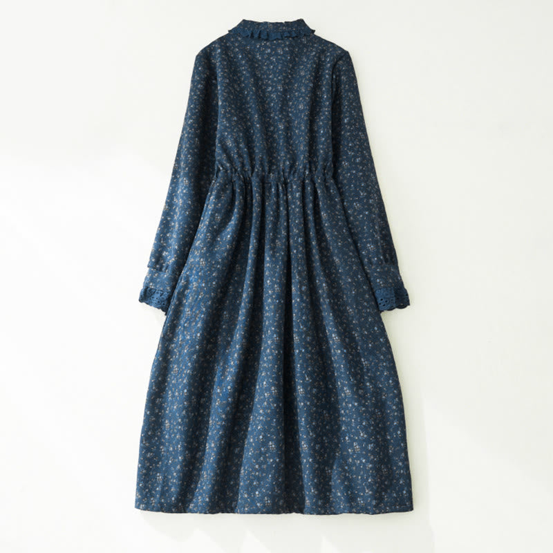 Vestido midi de pana de manga larga con bolsillos y diseño de patchwork de encaje y estampado floral de Buddha Stones - image 9