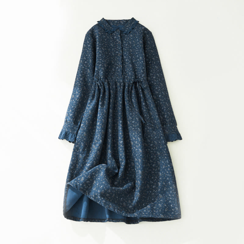 Vestido midi de pana de manga larga con bolsillos y diseño de patchwork de encaje y estampado floral de Buddha Stones - image 10