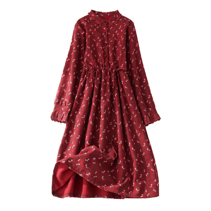 Vestido midi de pana de manga larga con bolsillos y diseño de patchwork de encaje y estampado floral de Buddha Stones - image 2