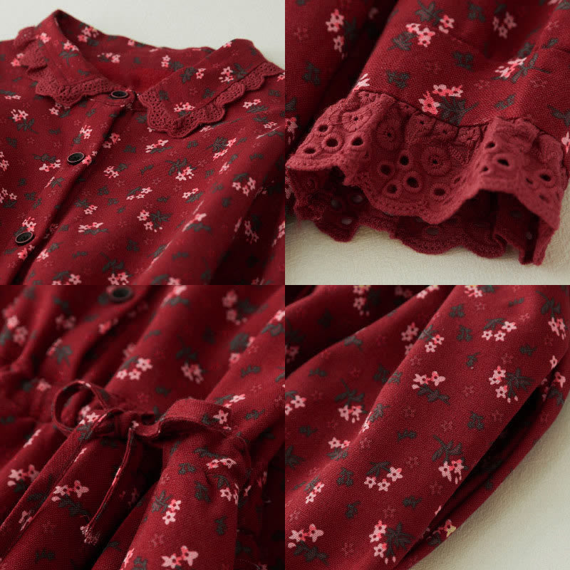 Vestido midi de pana de manga larga con bolsillos y diseño de patchwork de encaje y estampado floral de Buddha Stones - image 7