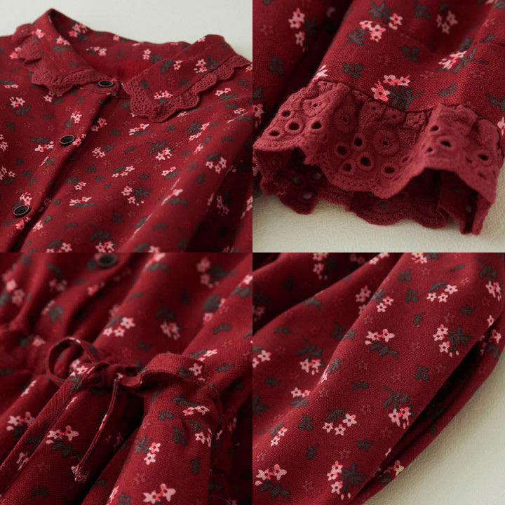 Vestido midi de pana de manga larga con bolsillos y diseño de patchwork de encaje y estampado floral de Buddha Stones - image 7