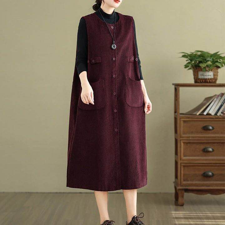 Vestido midi sin mangas con botones y bolsillos de Buddha Stones Pure Colo - image 17