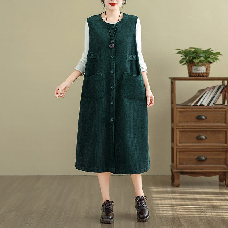 Vestido midi sin mangas con botones y bolsillos de Buddha Stones Pure Colo - Verde oscuro - US8-10，UK/AU12-14，EU40-42 (2XL) - image 6