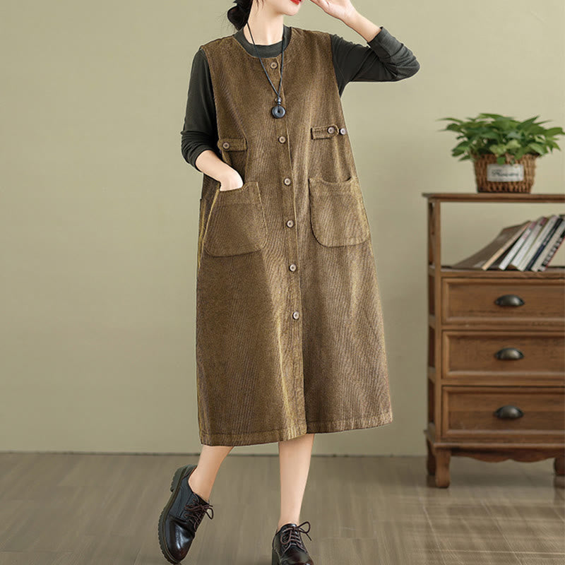 Vestido midi sin mangas con botones y bolsillos de Buddha Stones Pure Colo - image 4