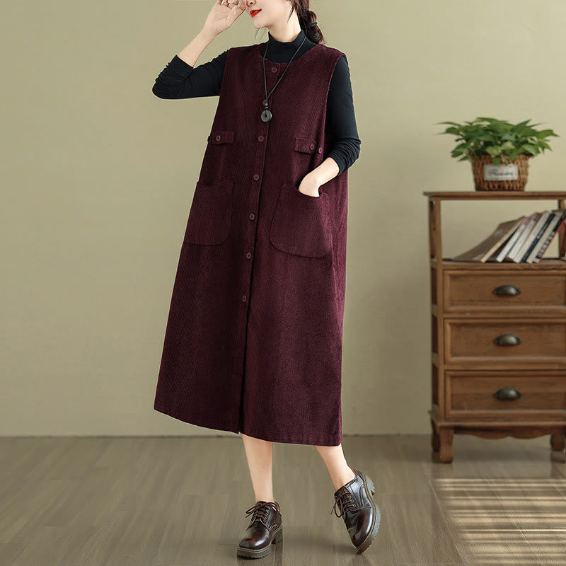 Vestido midi sin mangas con botones y bolsillos de Buddha Stones Pure Colo - Rojo oscuro - US8-10，UK/AU12-14，EU40-42 (2XL) - image 14
