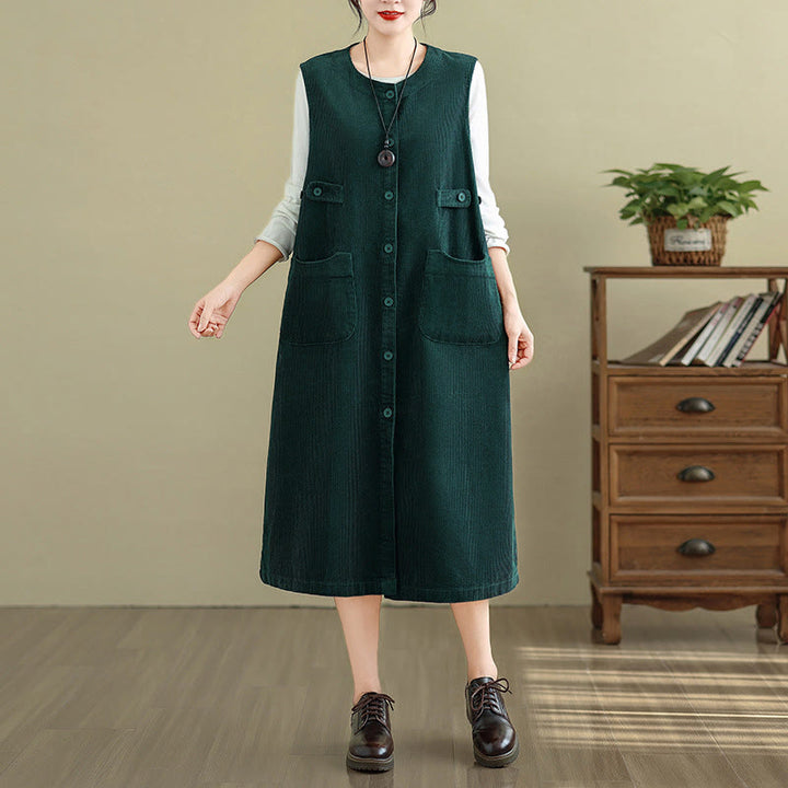 Vestido midi sin mangas con botones y bolsillos de Buddha Stones Pure Colo - Verde oscuro - US8-10，UK/AU12-14，EU40-42 (2XL) - image 6
