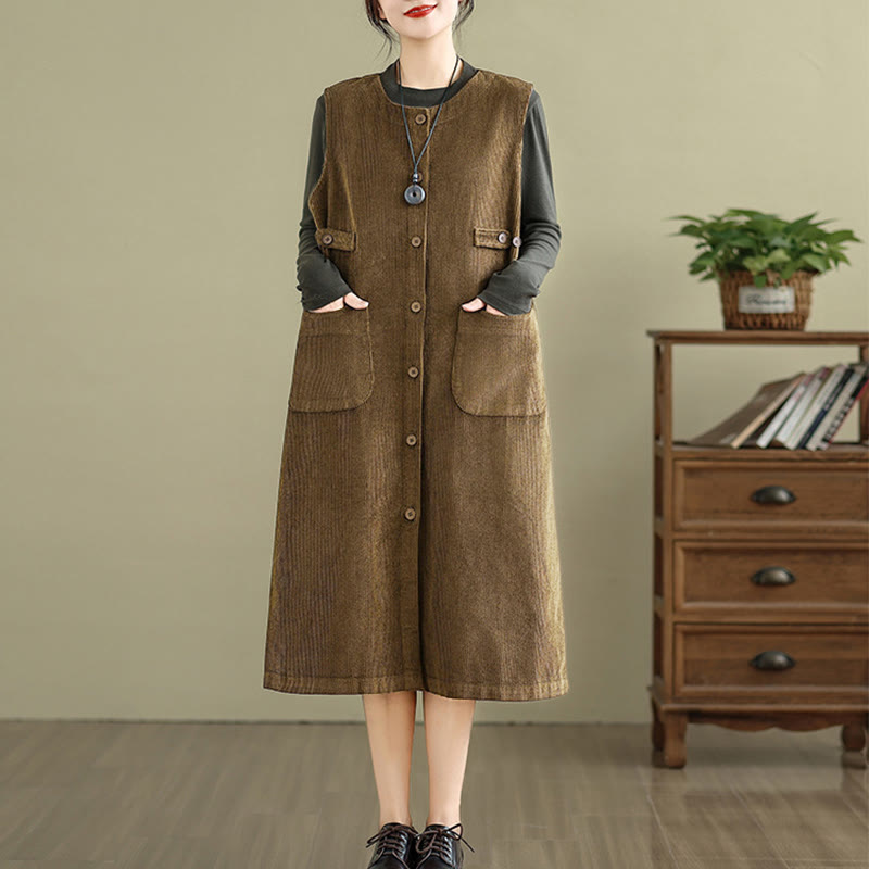 Vestido midi sin mangas con botones y bolsillos de Buddha Stones Pure Colo - Tierra de siena - US8-10，UK/AU12-14，EU40-42 (2XL) - image 0