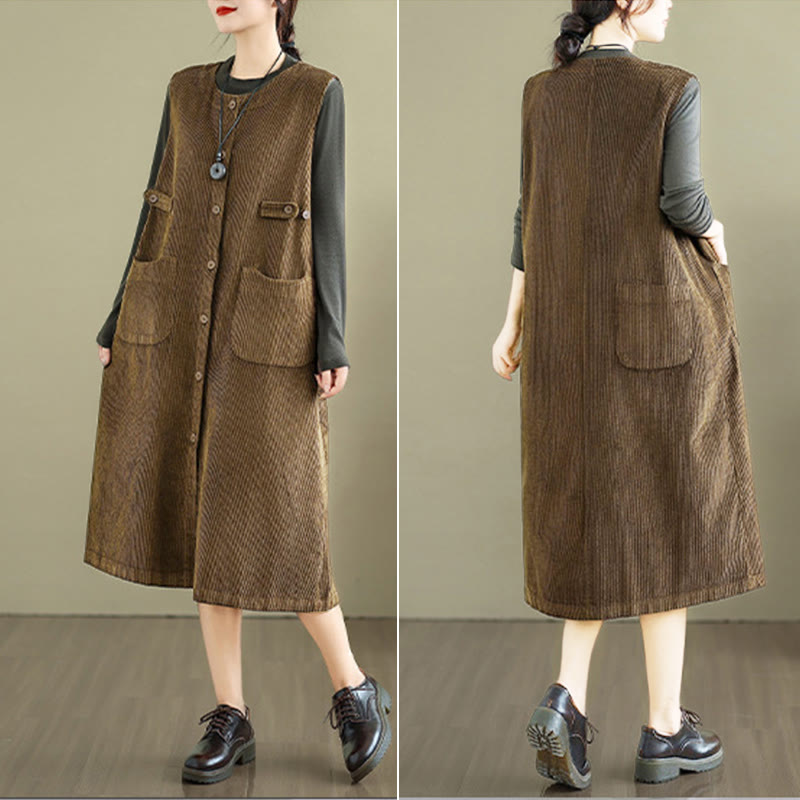 Vestido midi sin mangas con botones y bolsillos de Buddha Stones Pure Colo - image 5