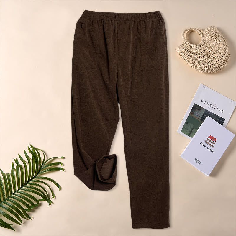 Pantalones de pana de color puro con bolsillos para mujer Buddha Stones Commute - image 4