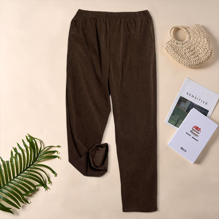 Pantalones de pana de color puro con bolsillos para mujer Buddha Stones Commute - image 4