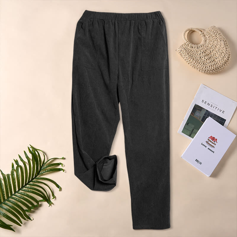 Pantalones de pana de color puro con bolsillos para mujer Buddha Stones Commute - Negro - US16，UK/AU20，EU48 (3XL) - image 13