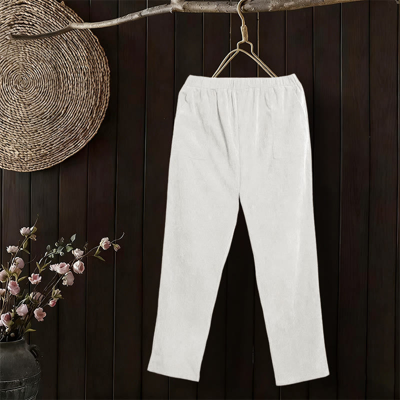 Pantalones de pana de color puro con bolsillos para mujer Buddha Stones Commute - Blanco - US16，UK/AU20，EU48 (3XL) - image 9