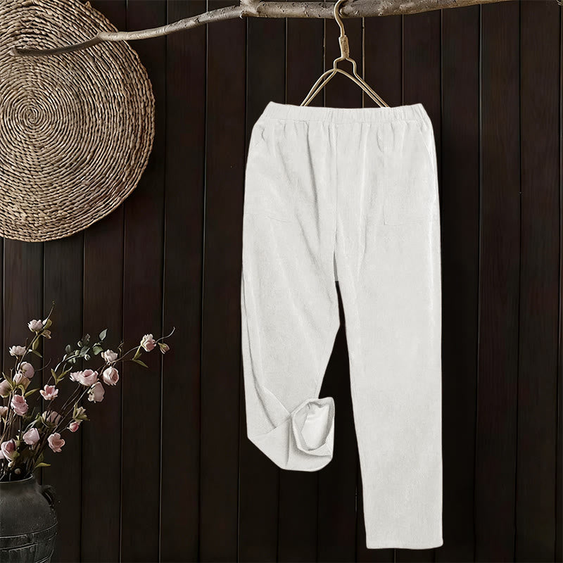 Pantalones de pana de color puro con bolsillos para mujer Buddha Stones Commute - image 10